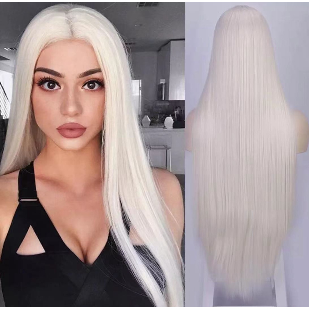 ♂✓100 Yoky✨White Blonde Women Long Hair Wig Heat Resistant Black Straight  Hair Cosplay Wig✰ | Lazada PH