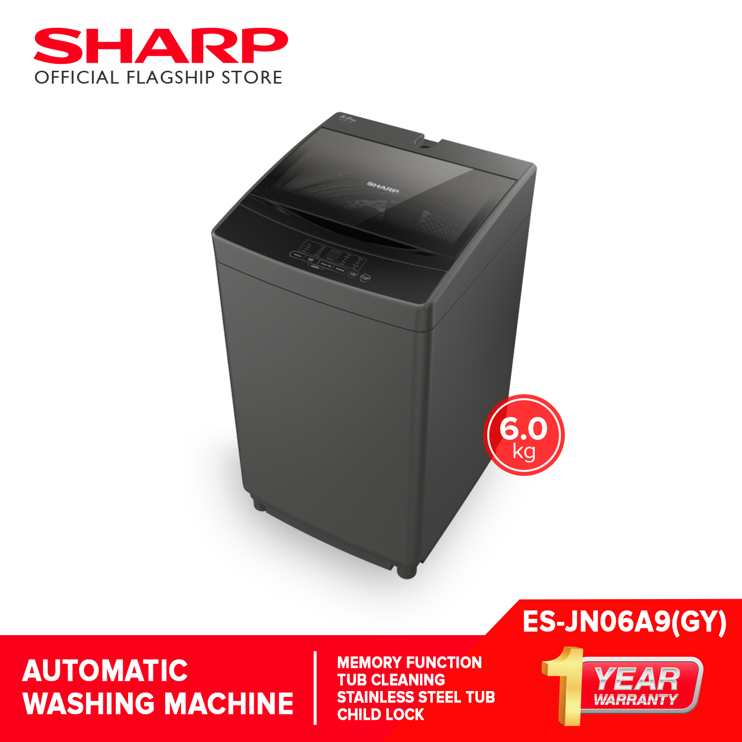 sharp es jn06a9 gy 6.0 kg top load washing machine