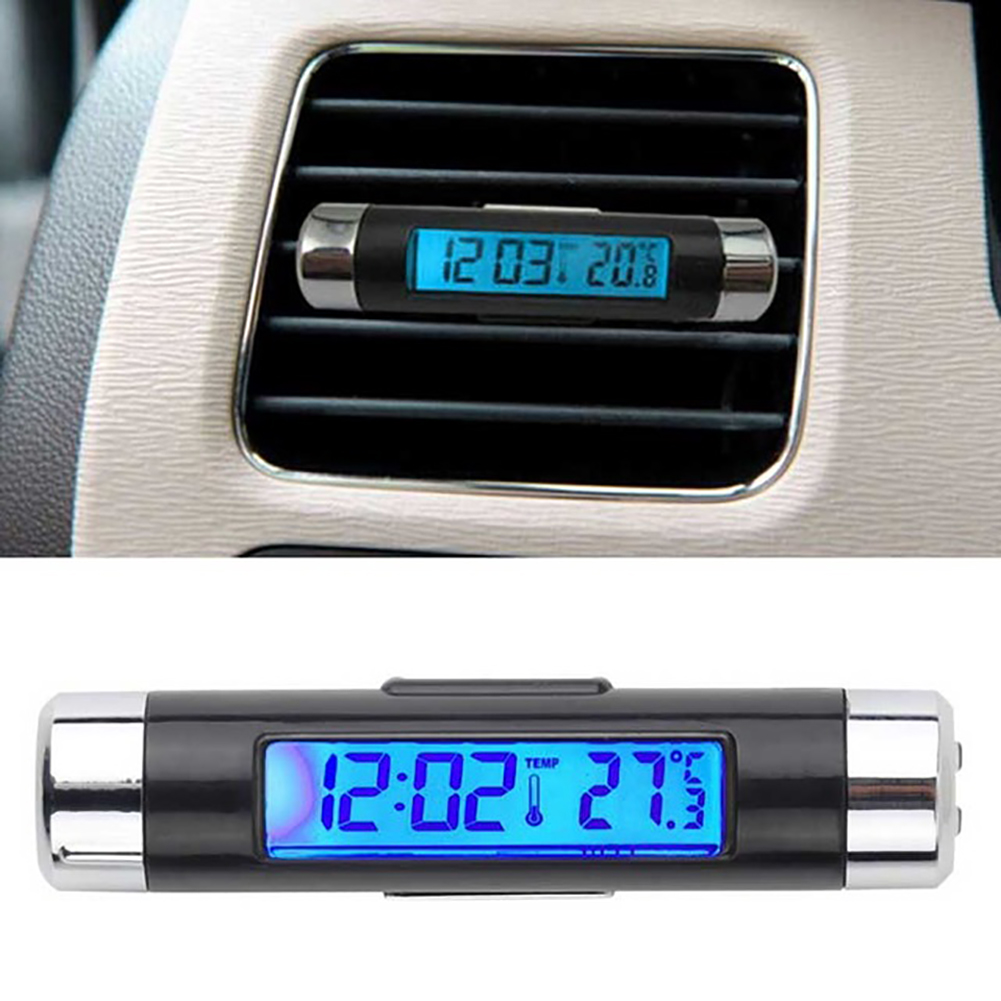 Kaemma 2 In 1 Car Vehicle LCD Digital Display Automotive Thermometer Clock Portable Car Air Vent Outlet Clip-on LED Backlight 