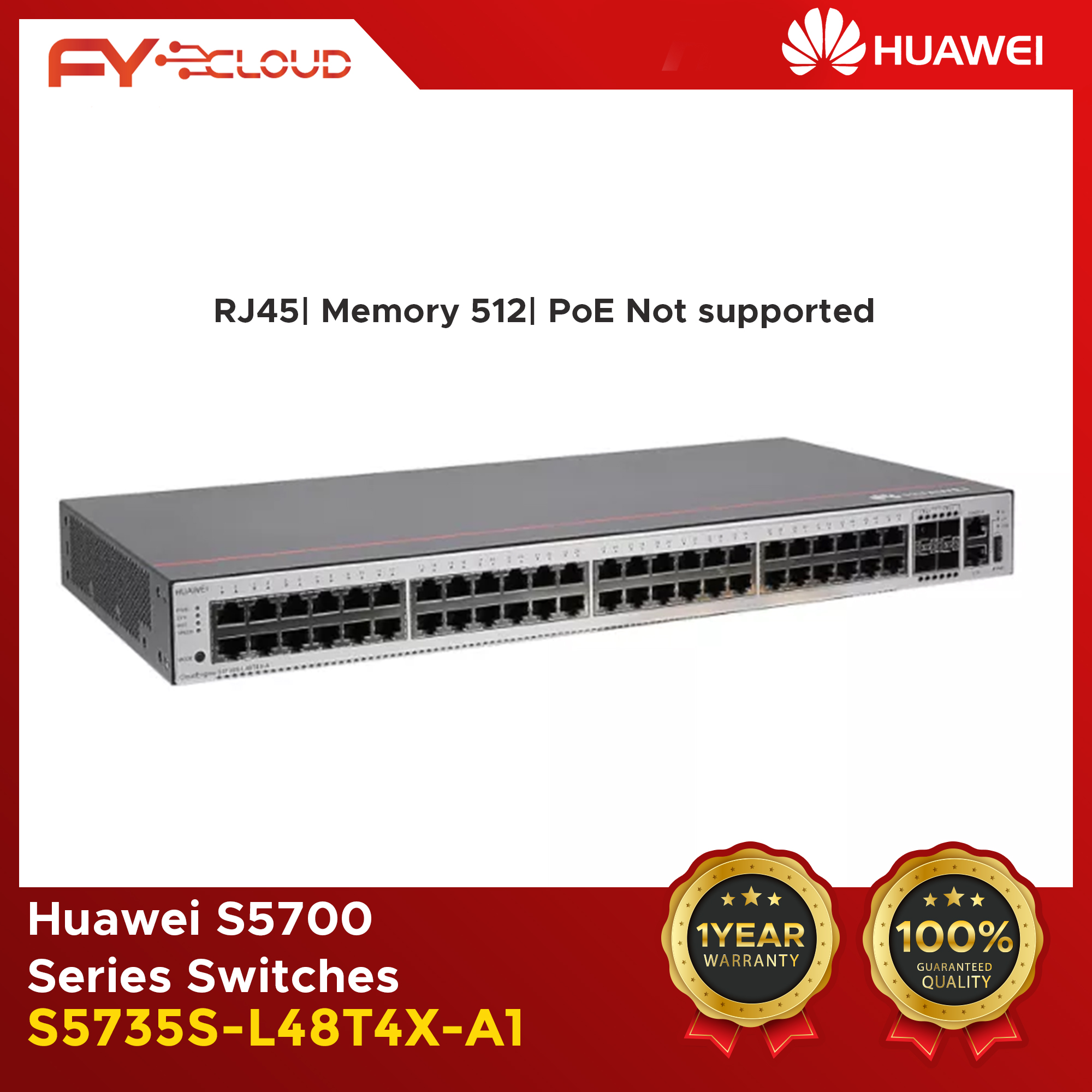 S5735S-L48T4X-A1 Switch/Huawei Switches/Huawei S5700 Series Switches/irflow direction/Heat dissipation mode/PoE Not supported/171.97 BTU/hour/Memory 512 MB/ 48 10/100/1000BASE-T Ethernet ports, 4 10 Gig SFP+, Built-in AC power supply
