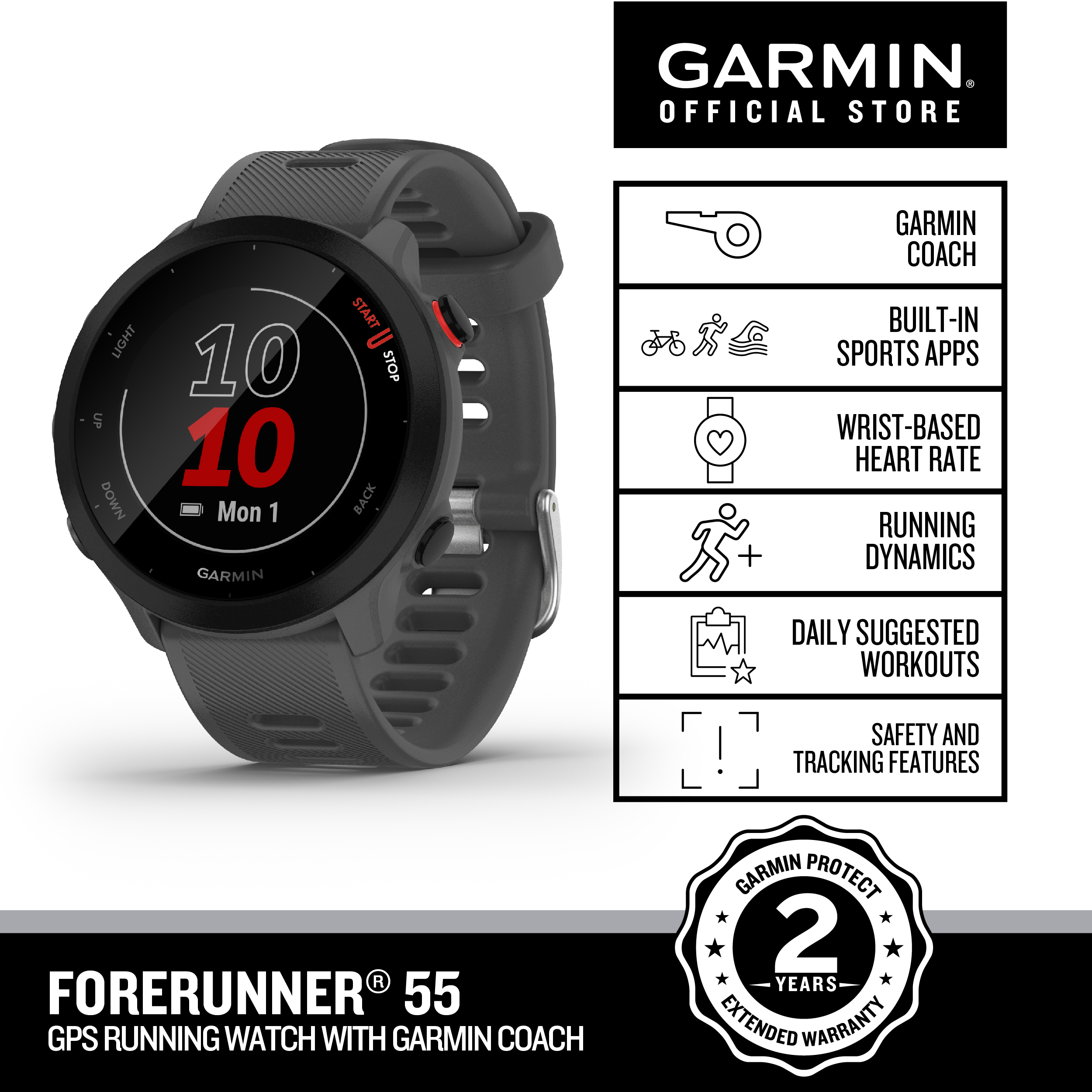 Garmin Forerunner 55, Running Fitness GPS Smartwatch, for Runners, Monterra Gray