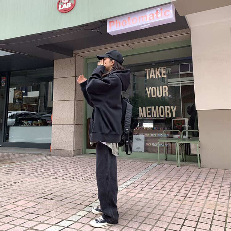 PWAE Hoodies Jacket for Women Korean Oversize Gray Hooded Sweater for Women Zipper Jacket Women's Ins Trend Tops for Women