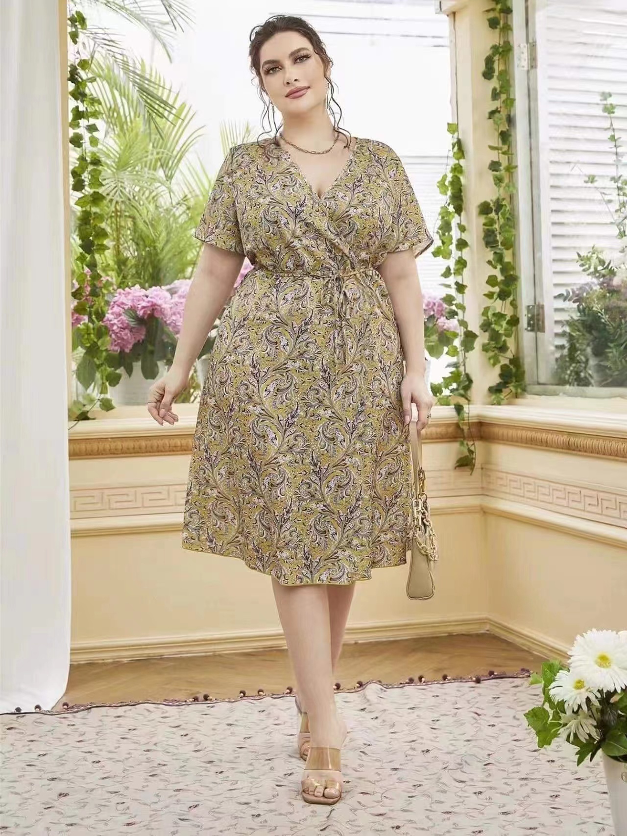 casual dress plus size philippines Plus Size Elegant Casual Solid Color Butterfly Sleeve Keyhole Style V-neck Tie Back Highwaist A-Line Midi Dress