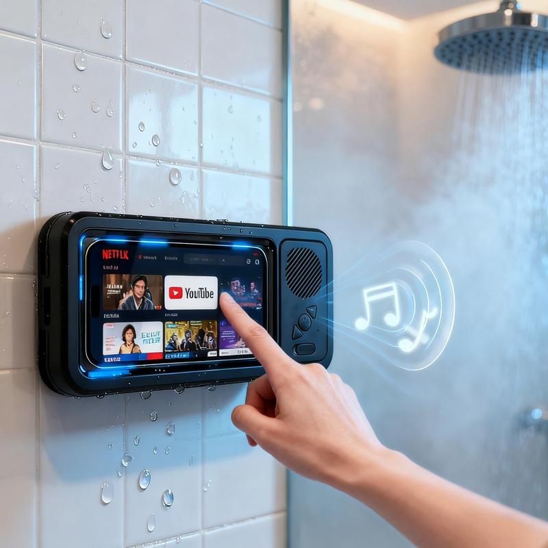 Waterproof speaker, bathroom waterproof 360 °     rotating touch screen, Bluetooth speaker, watch movies, listen to music, phone holder Bluetooth speaker audio shower TV holder, swimming pool, kitchen, bathroom, sink