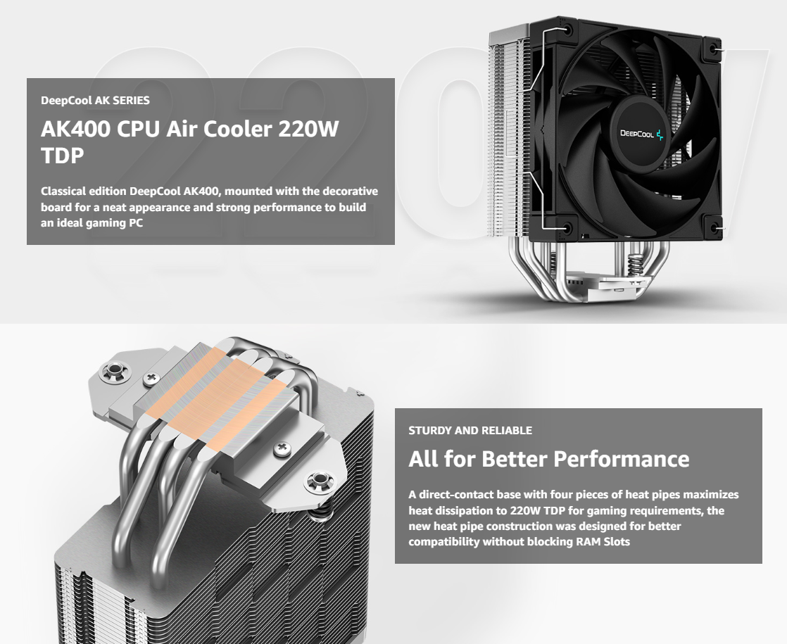 DeepCool AK400 Performance CPU Cooler, 4 Direct Touch Copper Heat