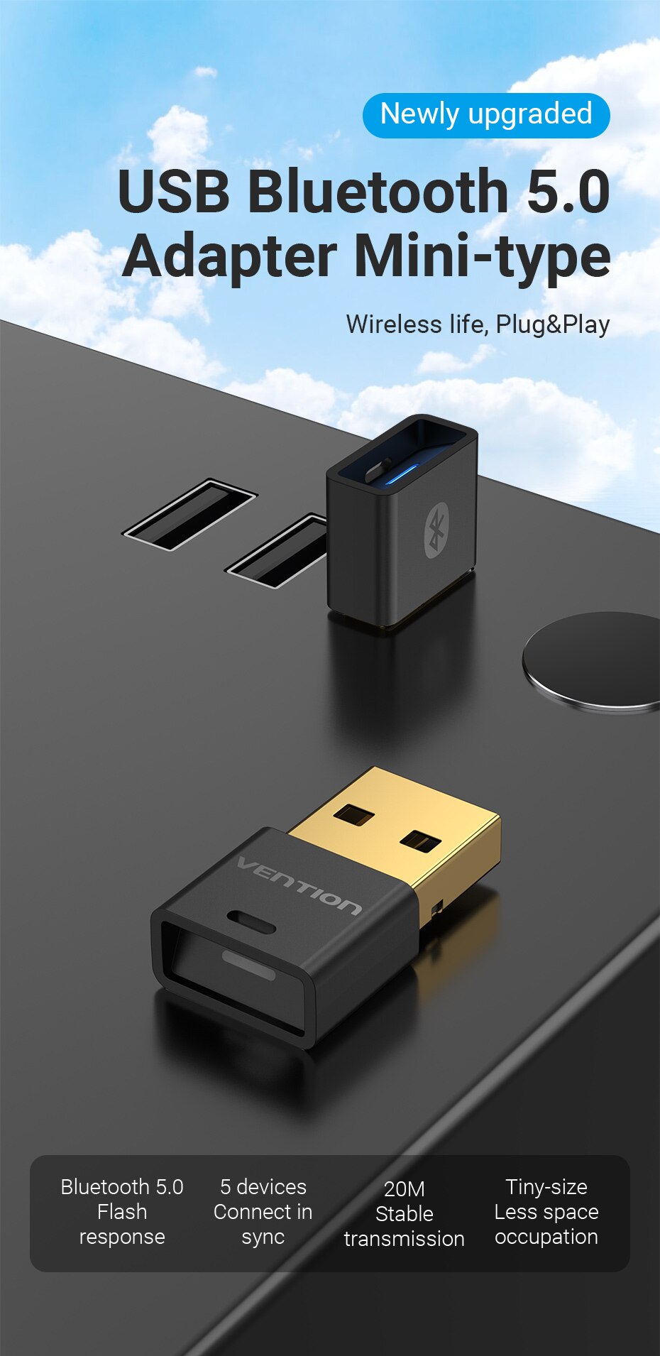 Bluetooth 5.0 USB Dongle, Black, AYOUB COMPUTERS