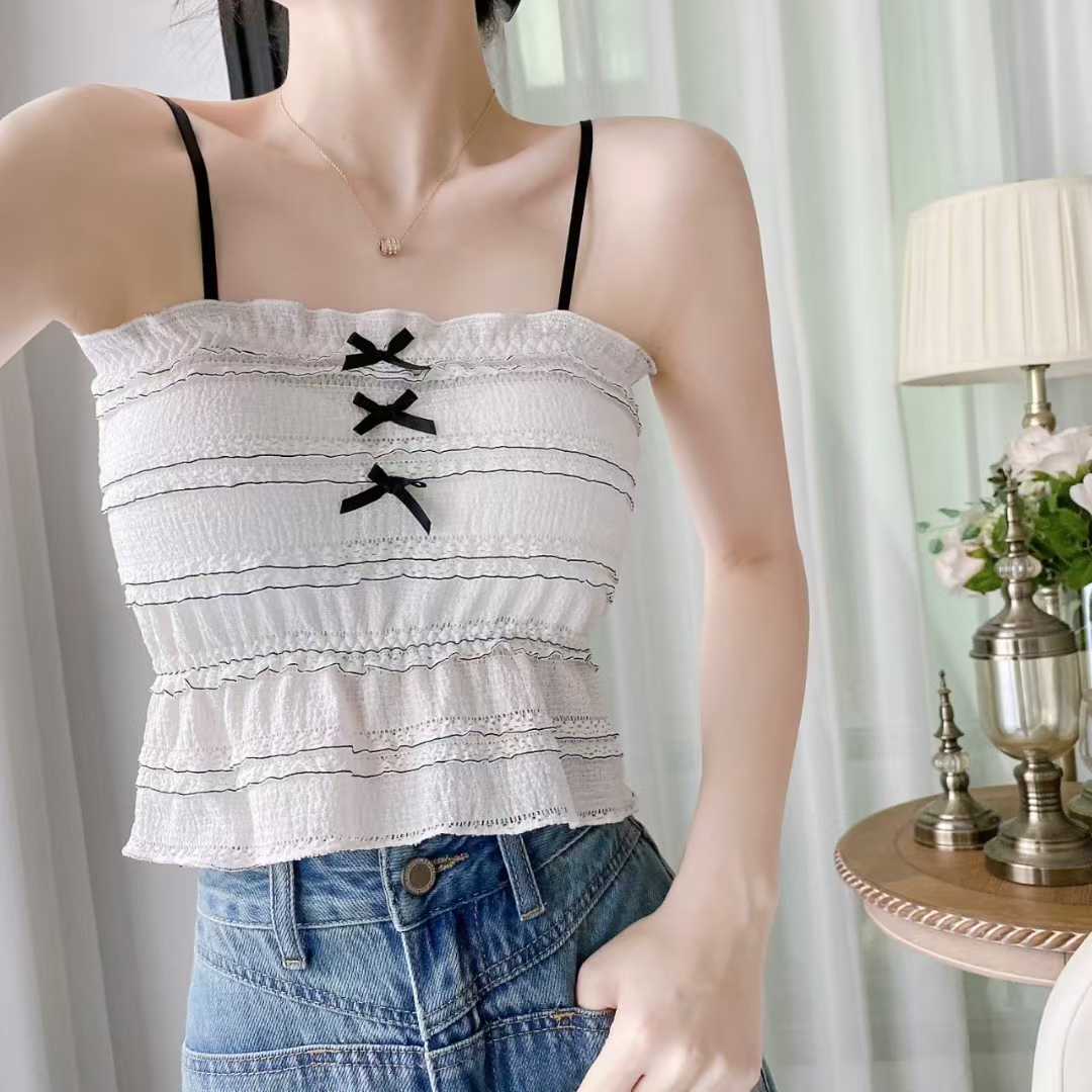 Summer bow lace suspender vest wears versatile comfortable and breathable slim underwear for women#8815 - Image 4
