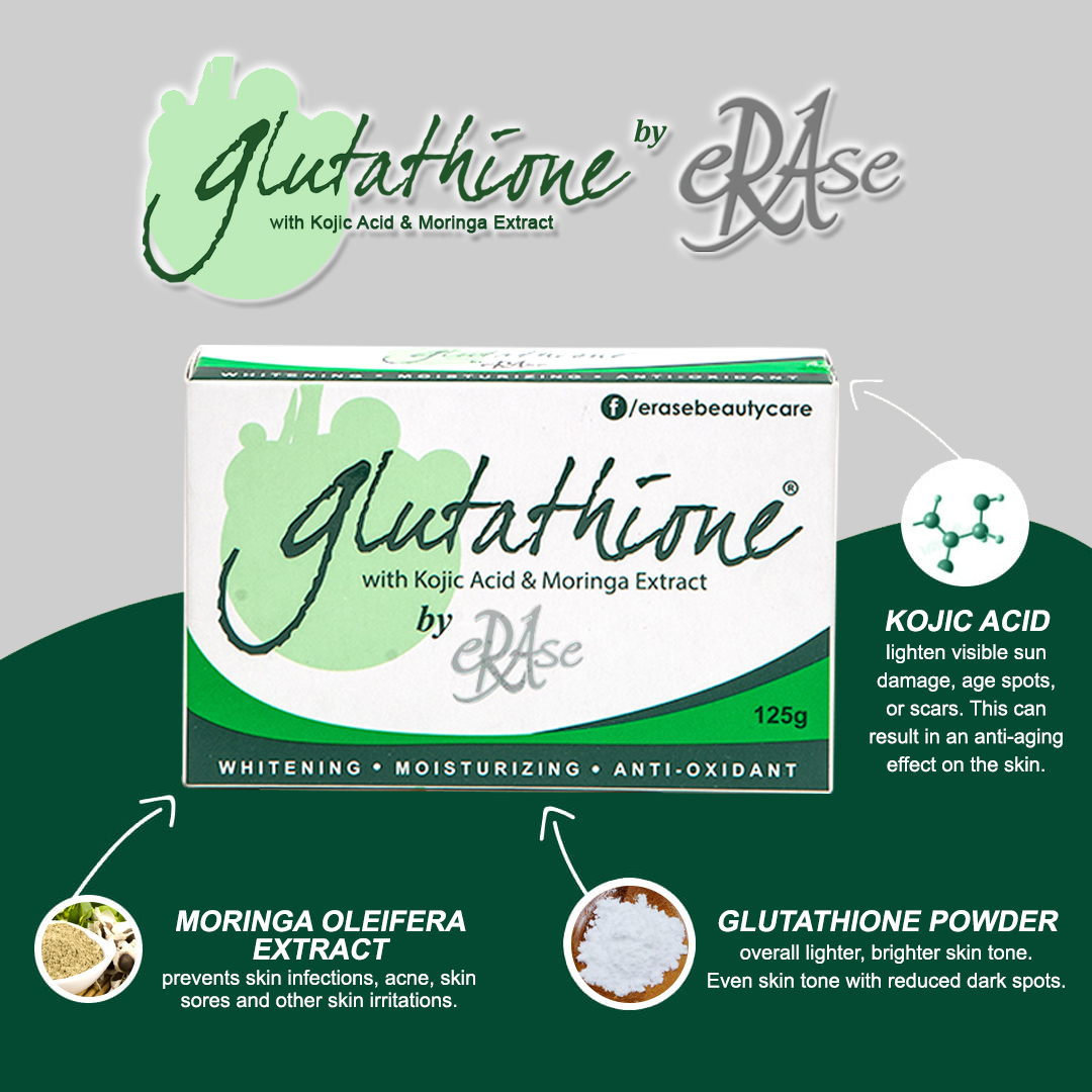 Glutathione by Erase Soap (Kojic & Moringa) | 3-in-1 Whitening, Anti-Aging  & Moisturizing | Fades Dark Spots | THE 3-IN-1 SOAP TO LIGHTEN, MOISTURIZE,  & FIGHT AGEING