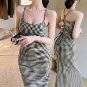 French Style Vintage Retro Plaid Backless Camisole Dress