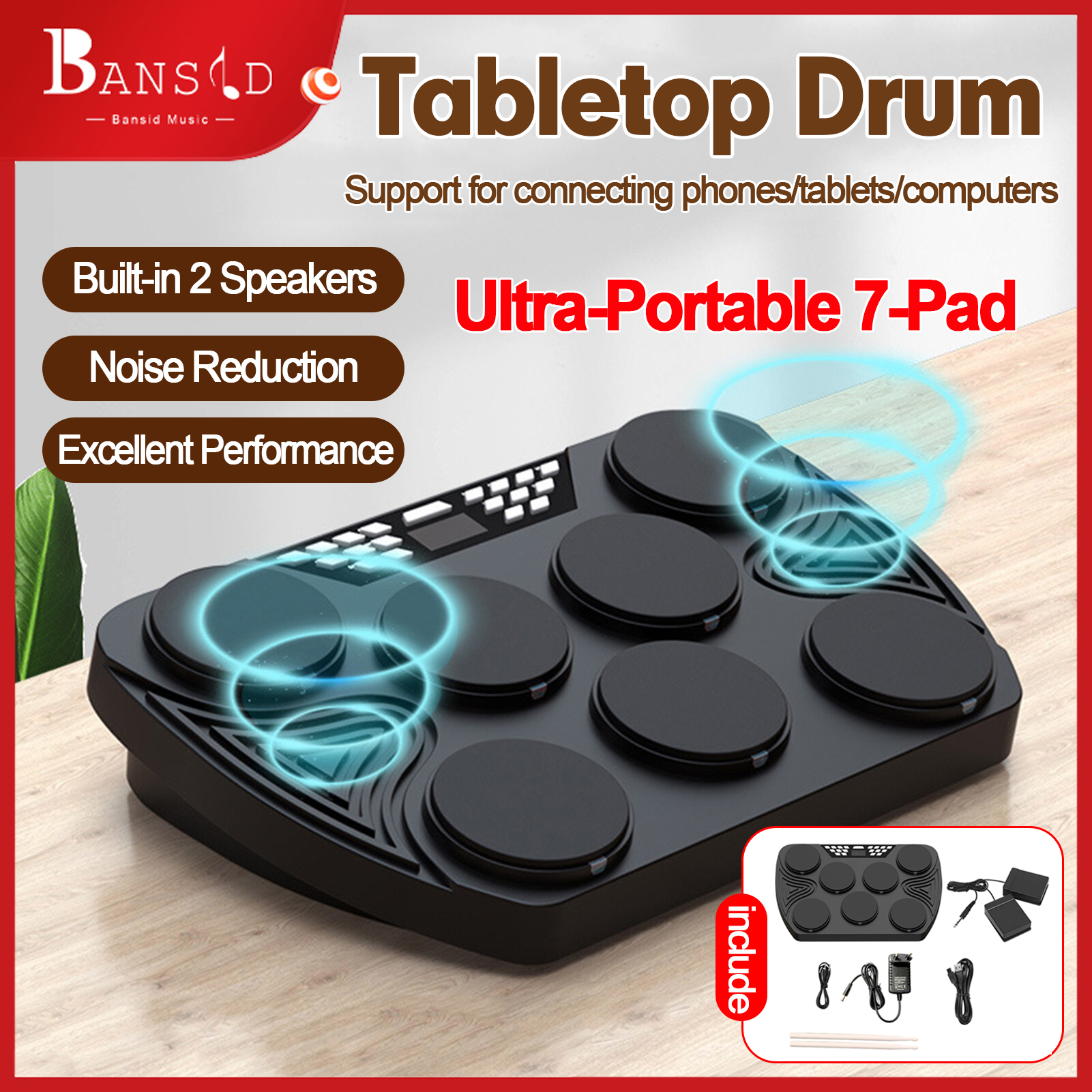 Portable Electronic Drum Set with Velocity-Sensitive Pads and Speakers