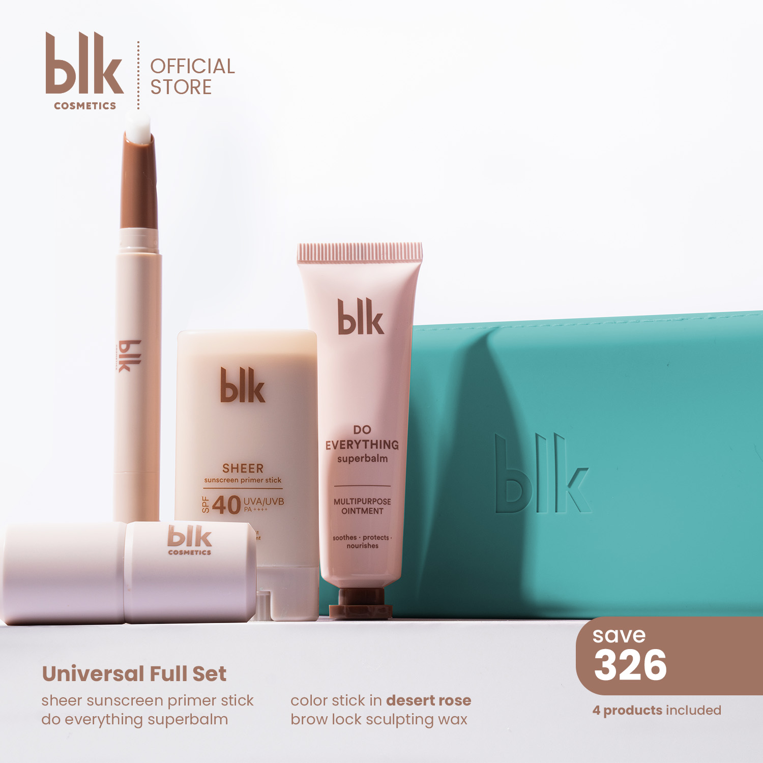 Discount on BLK Cosmetics  shoes - SKU: blk cosmetics universal full set (superbalm + sunscreen + desert rose color stick + brow wax + free 
