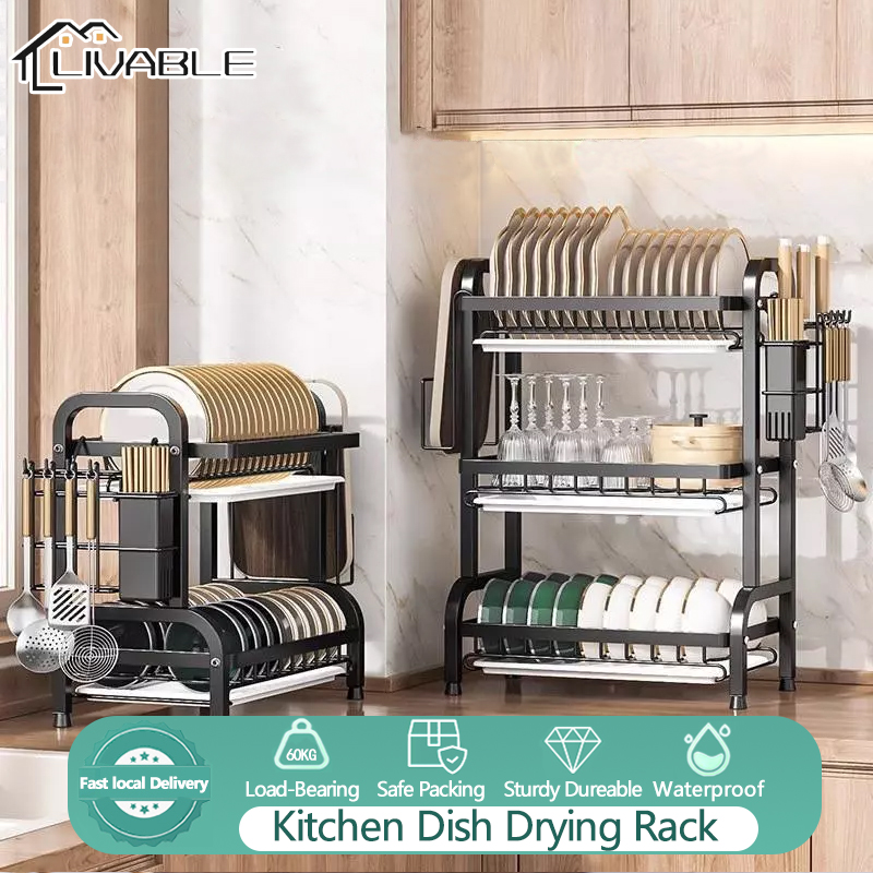 LIVABLE Kitchen Dish Rack Drainer With Tray Utensil Holder Dish Organizer Storage Steel Plate Rack Organizer