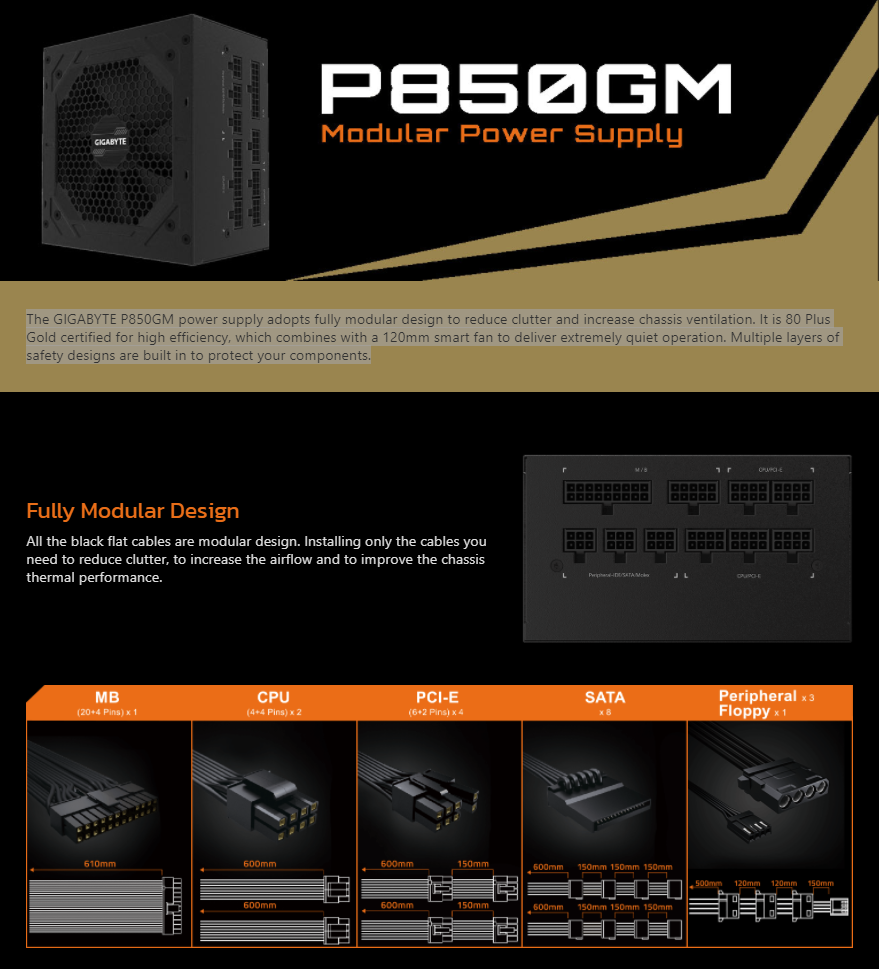 GIGABYTE GP-P850GM 850W ATX 12V v2.31 80 PLUS GOLD Certified Full Modular Active (0.9 typical) PFC Modular, Smart Fan, Smart Power Protection Power Supply