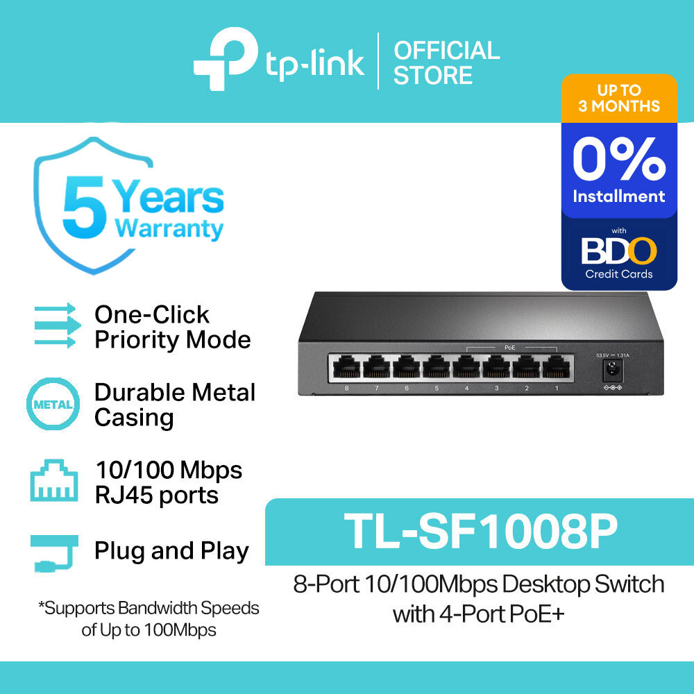 TP-Link Official Store / TL-SF1008P / 8-Port 10/100Mbps Desktop Switch with 4-Port PoE Desktop Network Ethernet Switch Hub for Internet