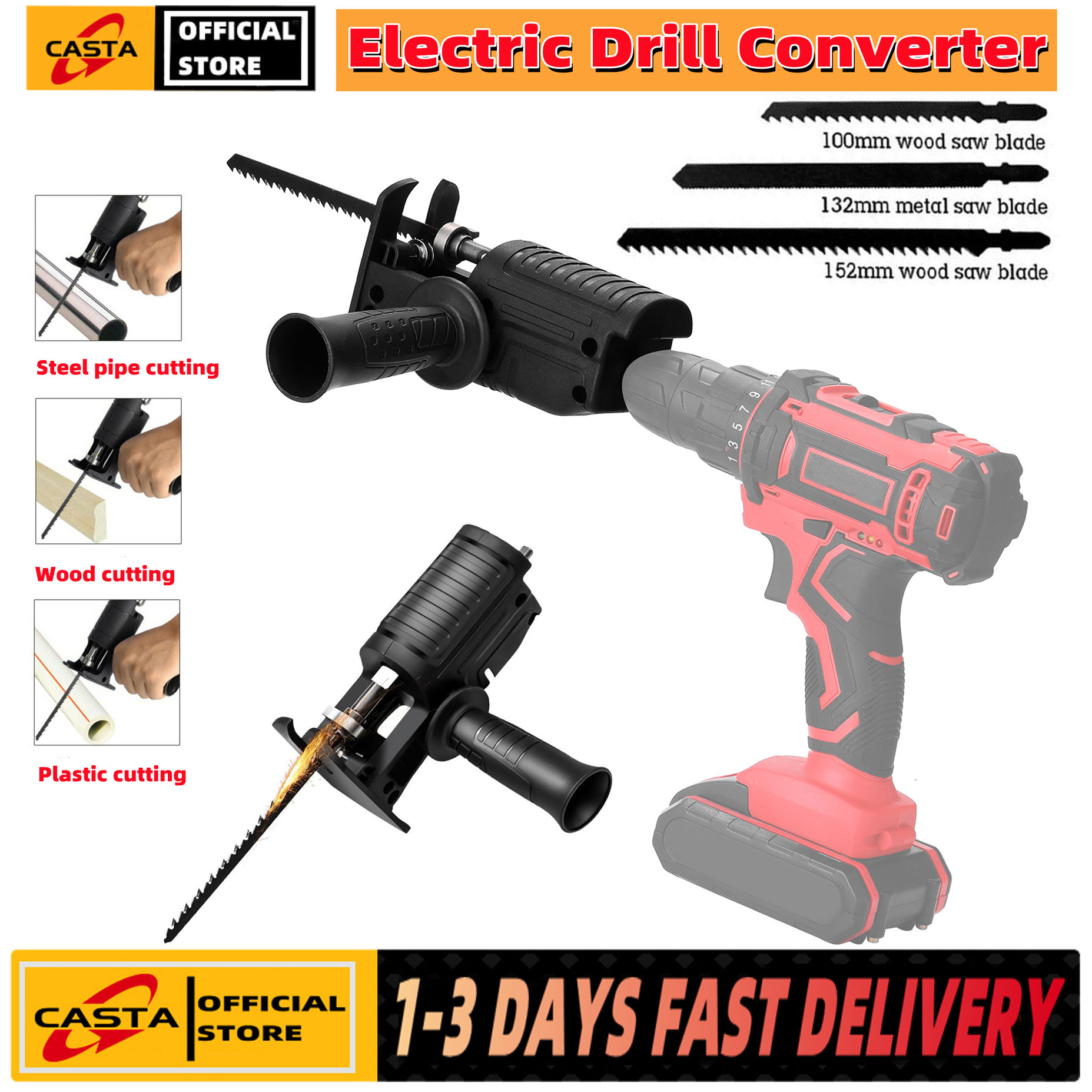 【COD + local seller】Portable Reciprocating Saw Adapter Electric Drill Modified Electric Chainaw Power Tool Wood Cutter Machine Attachment Adapter with 3 Saw Blades for Wood Metal Cutting