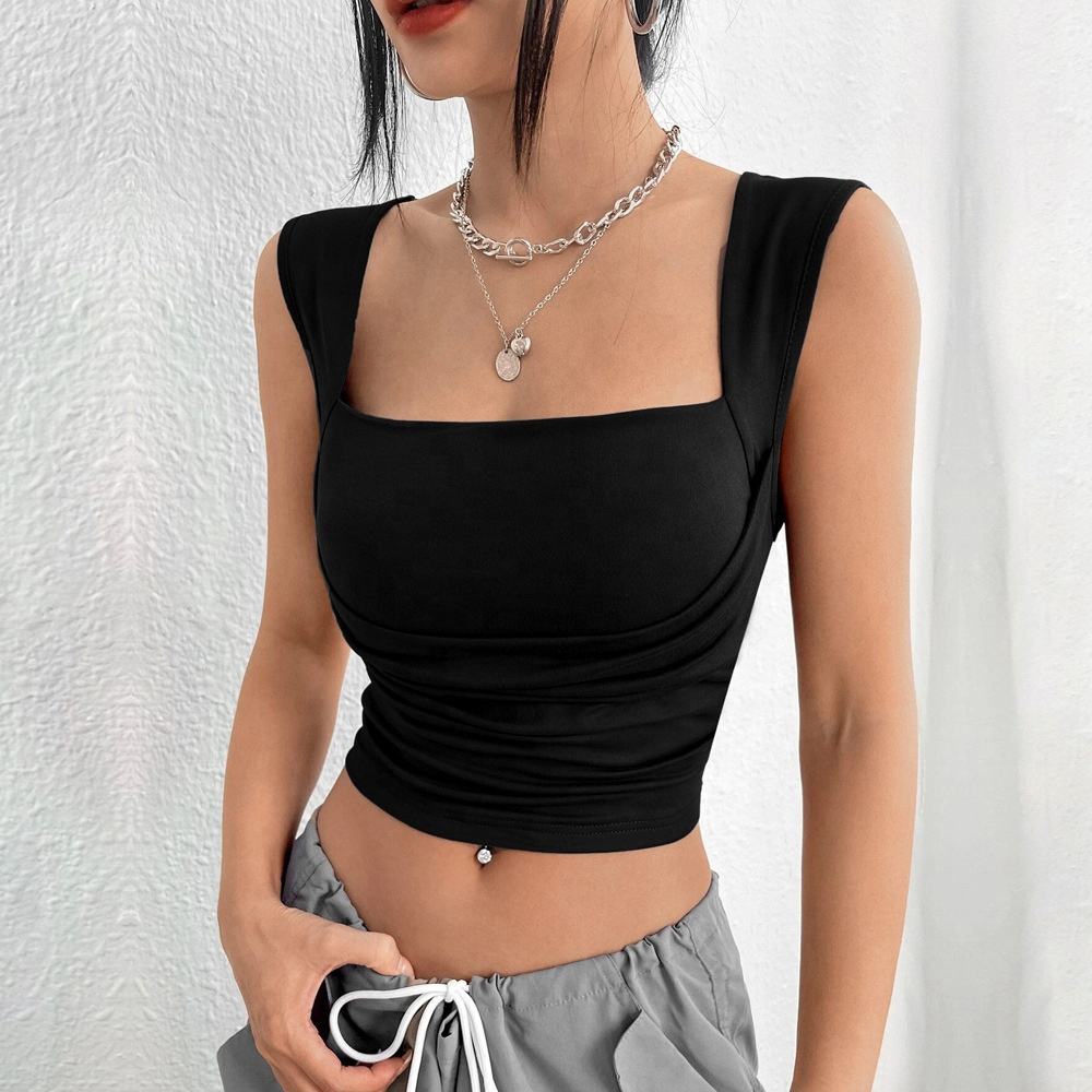 Solid Ruched Square Neck Crop Top