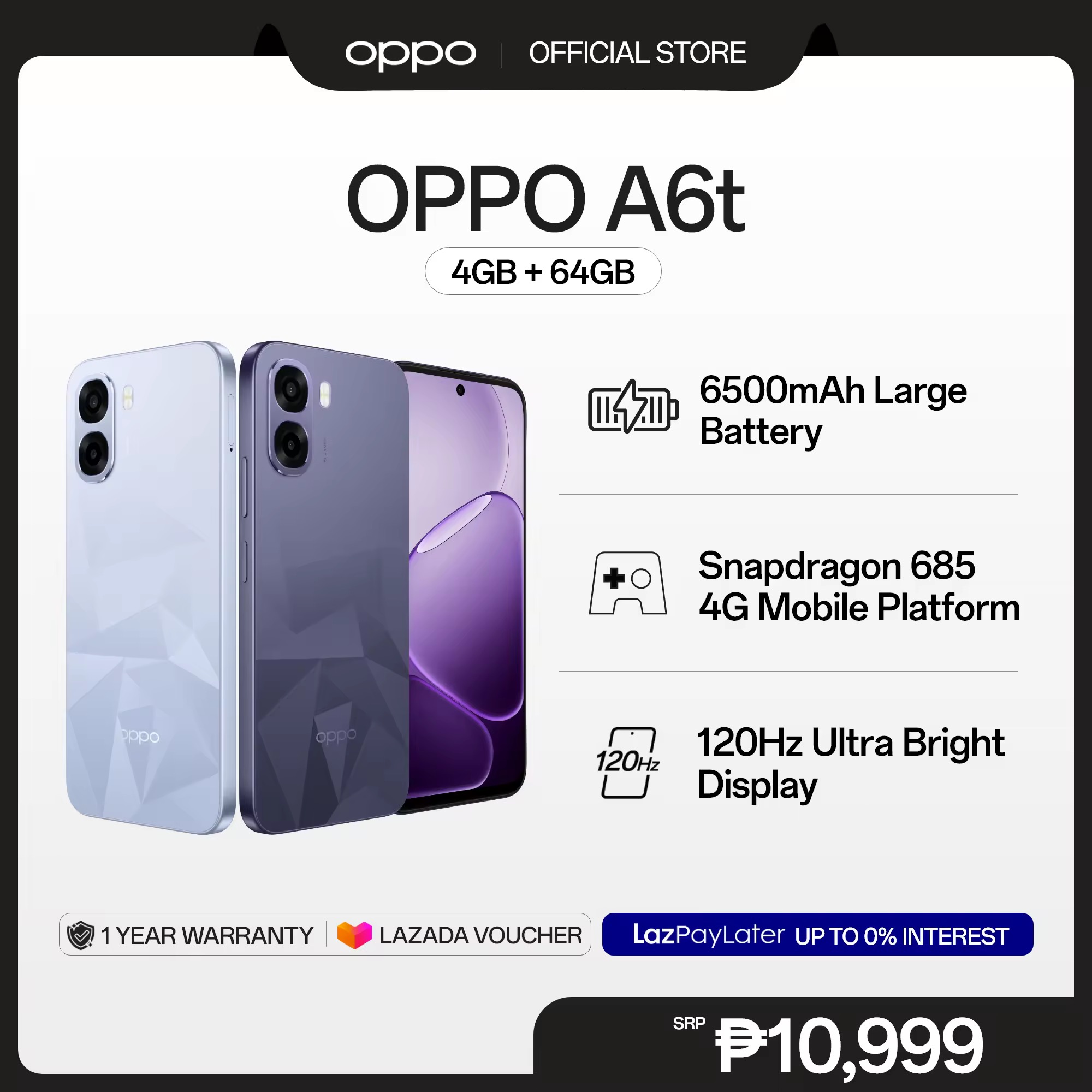 [ALL-NEW] OPPO A6t 12GB (4+8)+128GB / 6500mAh Battery / Snapdragon 685 4G / 120Hz Ultra Bright Display