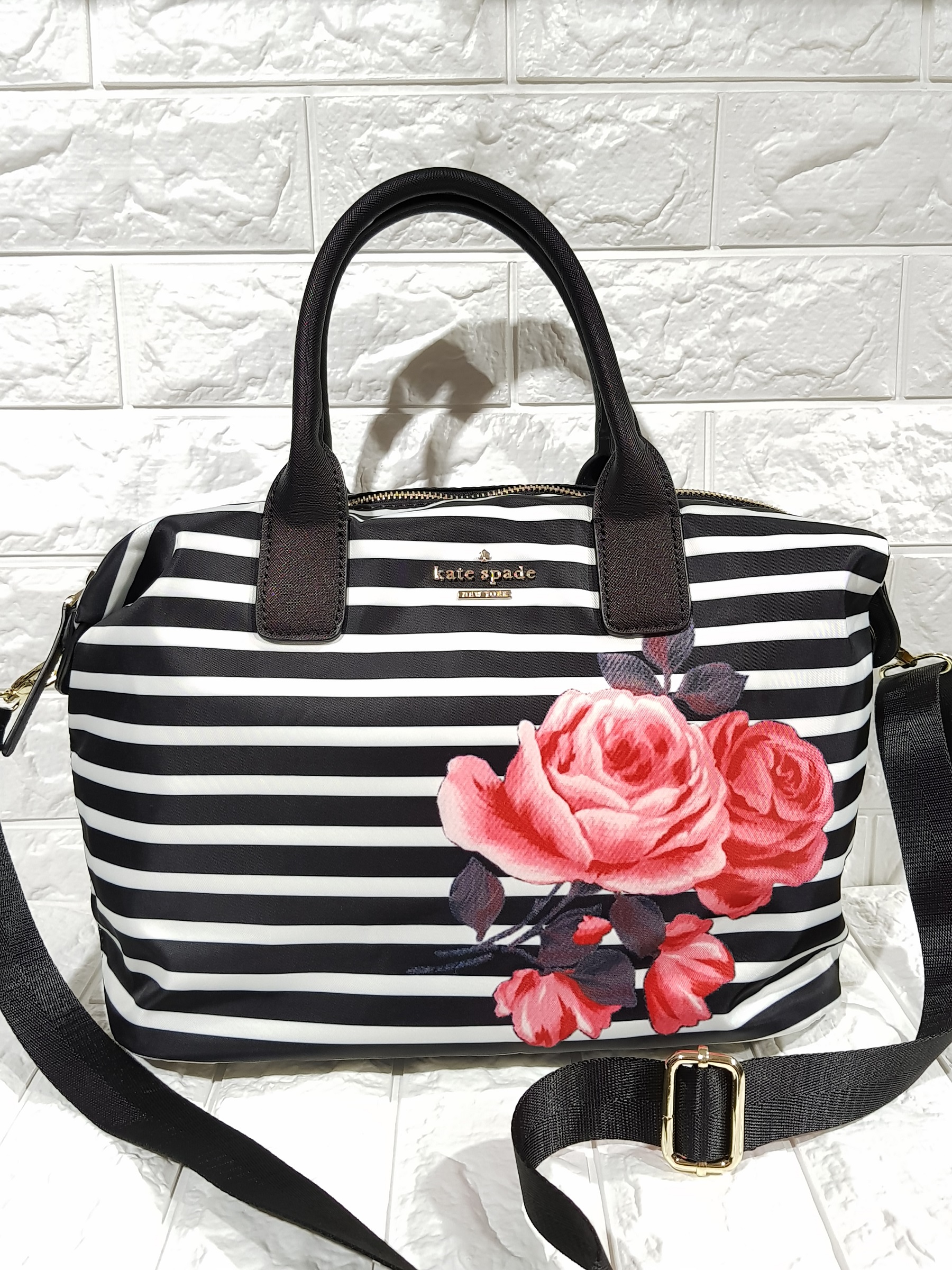 Guaranteed Authentic Kate Spade Lyla Rose Print Classic Nylon Weekender Bag  - Black And White Stripes | Lazada PH