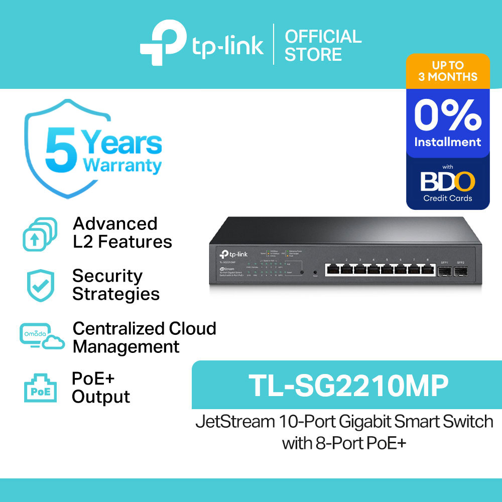 TP-Link Official Store / TL-SG2210MP / 10/100/1000 Mbps JetStream 10-Port Gigabit Smart Switch with 8-Port PoE+ Desktop Network Ethernet Switch Hub for Internet