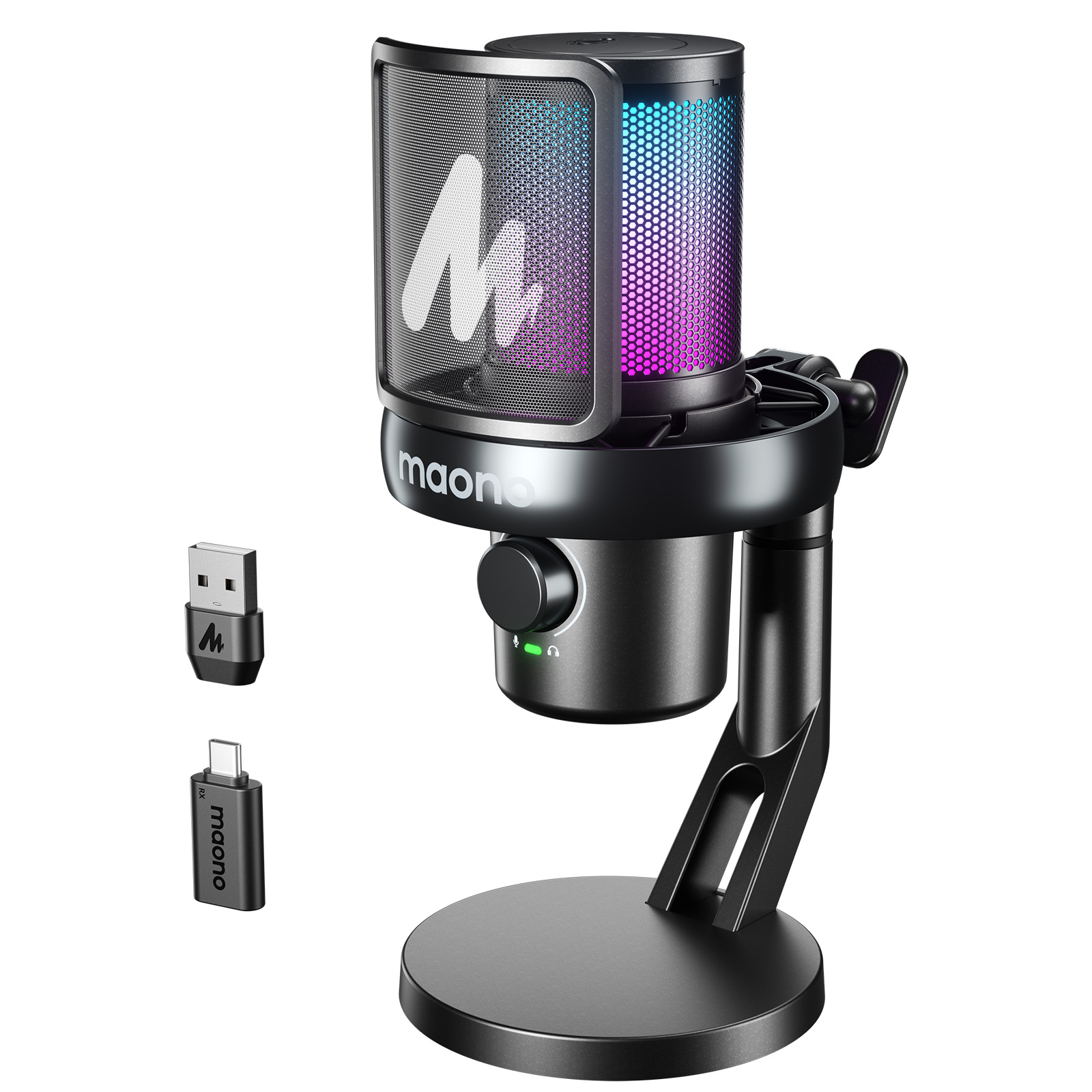 MAONO DM40 Wireless Microphone AI Noise-canceling microphone RGB Gaming Mic Condenser Microphone With software, Mute, Noise Reduction, AI Voice Changer for PC, Phone, Gaming, Streaming, Podcasting