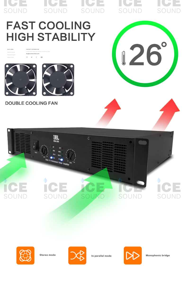 JBL RM500 Audio Power Amplifier, Connected To Speakers Ohms 900 Watts