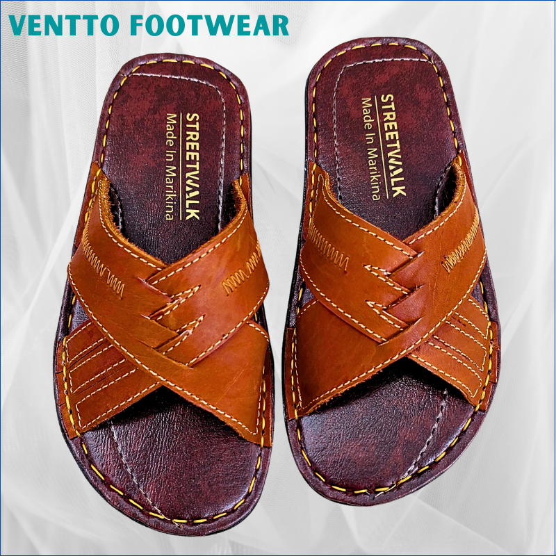 Ventto Footwear Marikina Made Slip On Leather Sandals for Men Adults Hand Crafted Hand Stitched Marikina Tsinelas For Men On Sale Casual Slip On Men Slippers Slides for Men Marikina Made