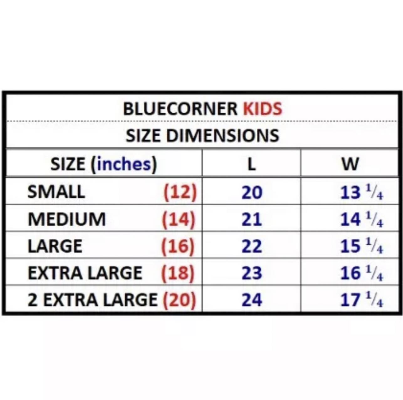 Kids Blue Corner Size Chart Round Neck ORIGINAL BLUE CORNER KIDS