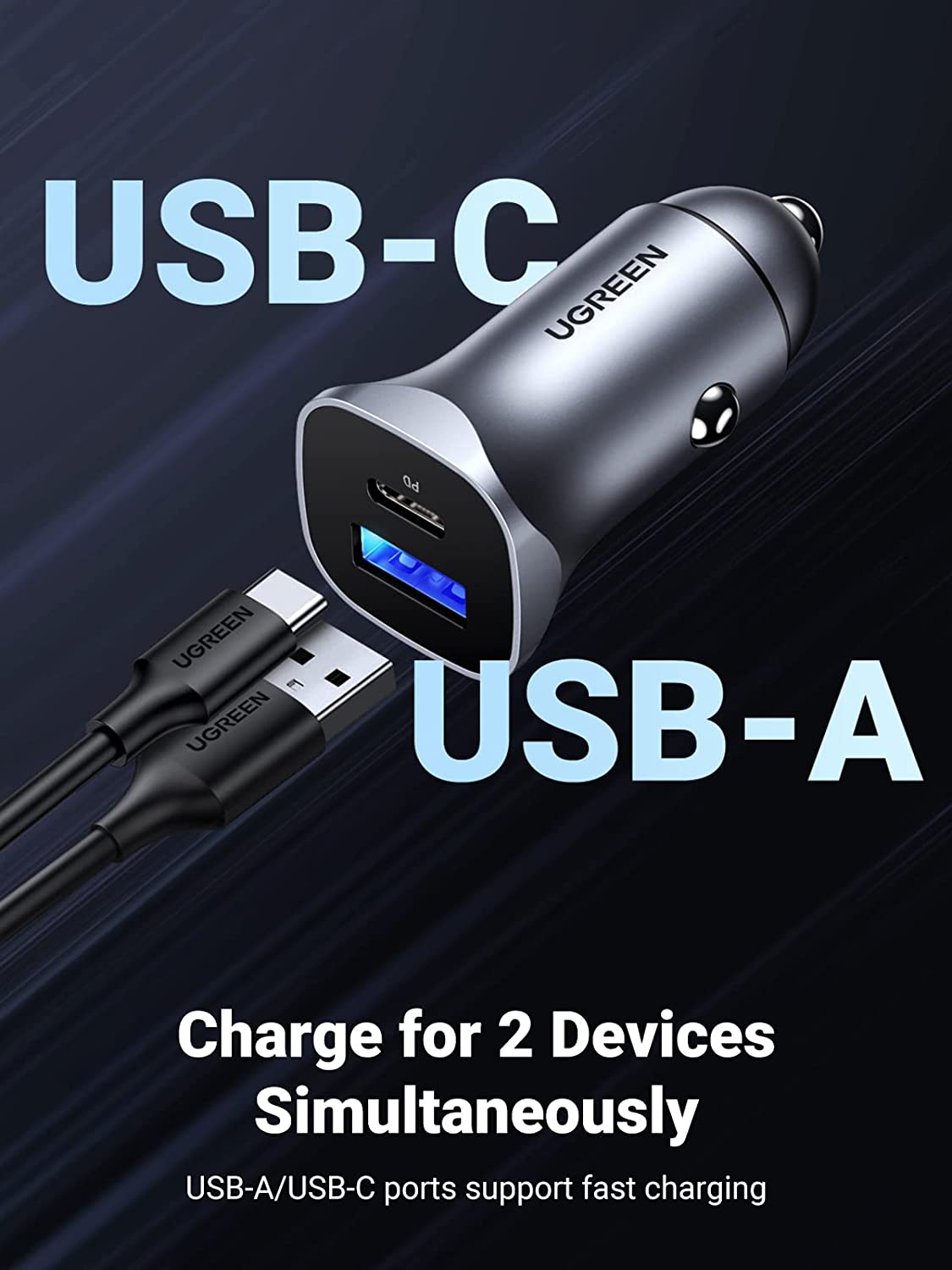 UGREEN 24W PD Dual USB Port Fast Car Charger Adapter Compatible