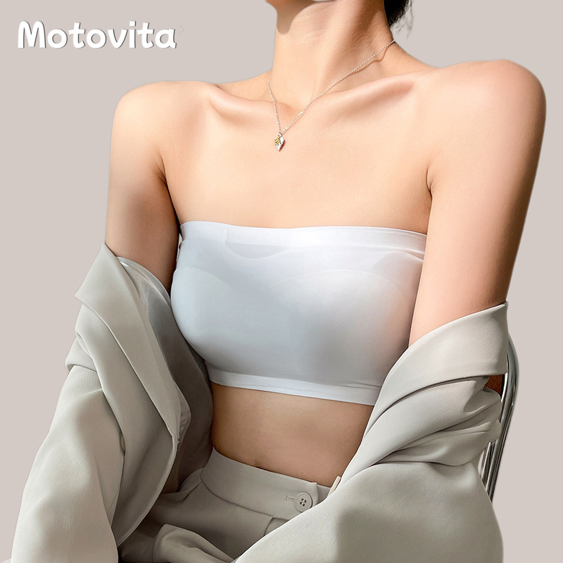 Motovita Solid Color Strapless Bra Ice Silk Seamless Breathable Brassiere Invisible Non-Slip Bralette Tube Top Boneless Lingerie