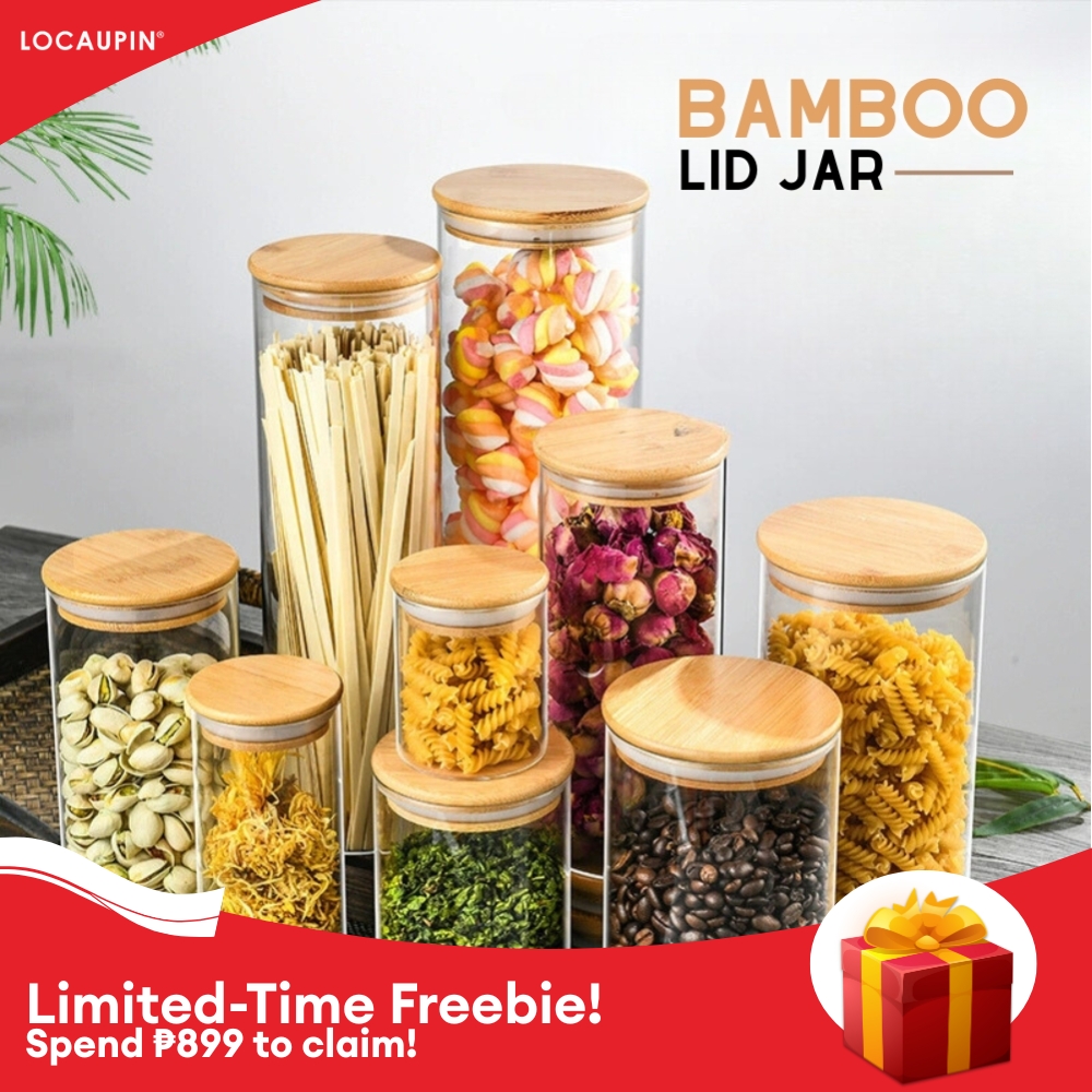 Product photo of LOCAUPIN bamboo-lid glass canister (straight cylinder) from its Lazada listing