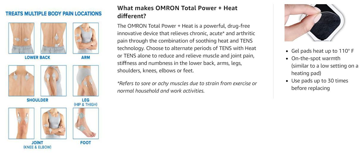 OMRON Total Power + Heat TENS Unit Muscle Stimulator, Simulated Massage and  Heat Therapy for Lower Back, Arm, Leg, Foot, Shoulder and Arthritis Pain