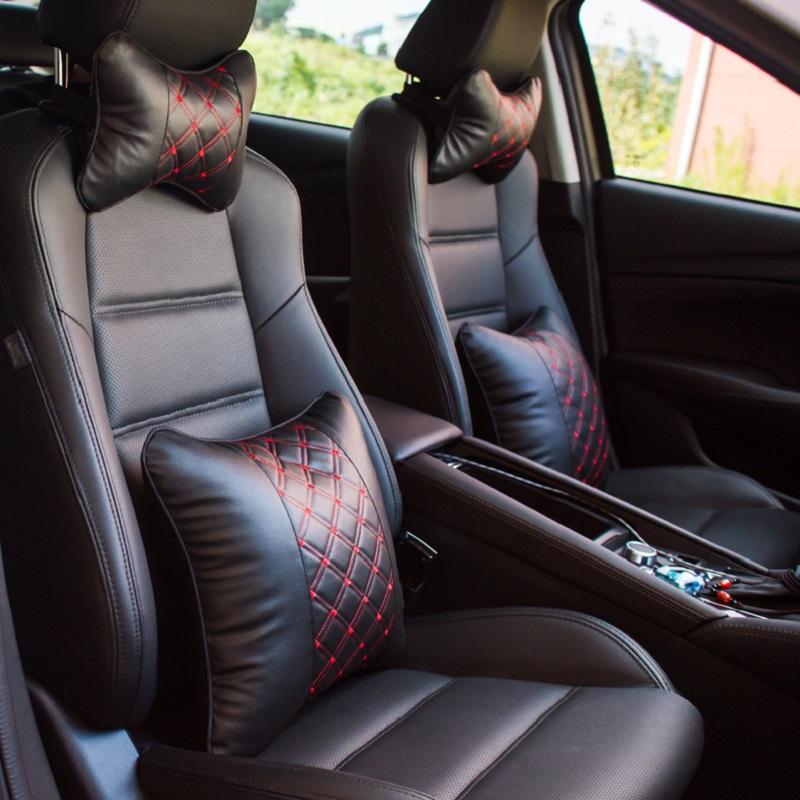 Auto Sport 2 PCS Genuine Leather Bone-Shaped Car Seat Pillow Neck Rest Headrest Comfortable Cushion Pad with Logo Pattern Fit Chevrolet Accessories