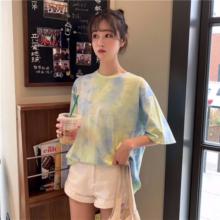 Korean style Tie Dye short sleeve T-shirt summer women loose Tops