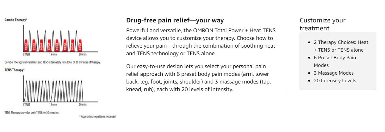 OMRON Total Power + Heat TENS Unit Muscle Stimulator, Simulated Massage and  Heat Therapy for Lower Back, Arm, Leg, Foot, Shoulder and Arthritis Pain,  Drug-Free Pain Relief (PM800)