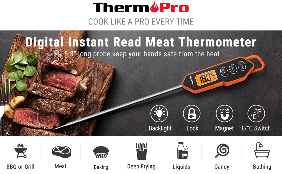 ThermoPro TP03A Instant Read Meat Thermometer Digital Cooking Food with  Long Probe for Grill Kitchen BBQ Smoker, JG Superstore