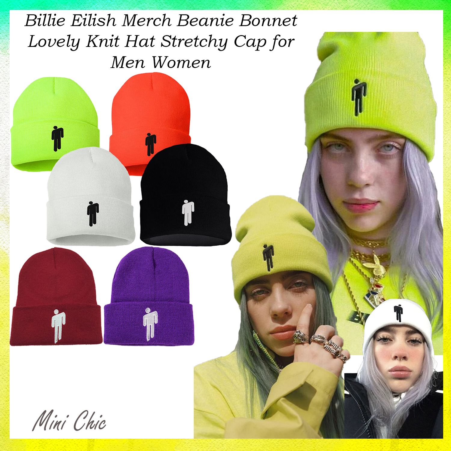 帽子 [0] BILLIE EILISH NEON GREEN BEANIE Rock Off Blohsh Hat Green at Amazon Men's Clothing store