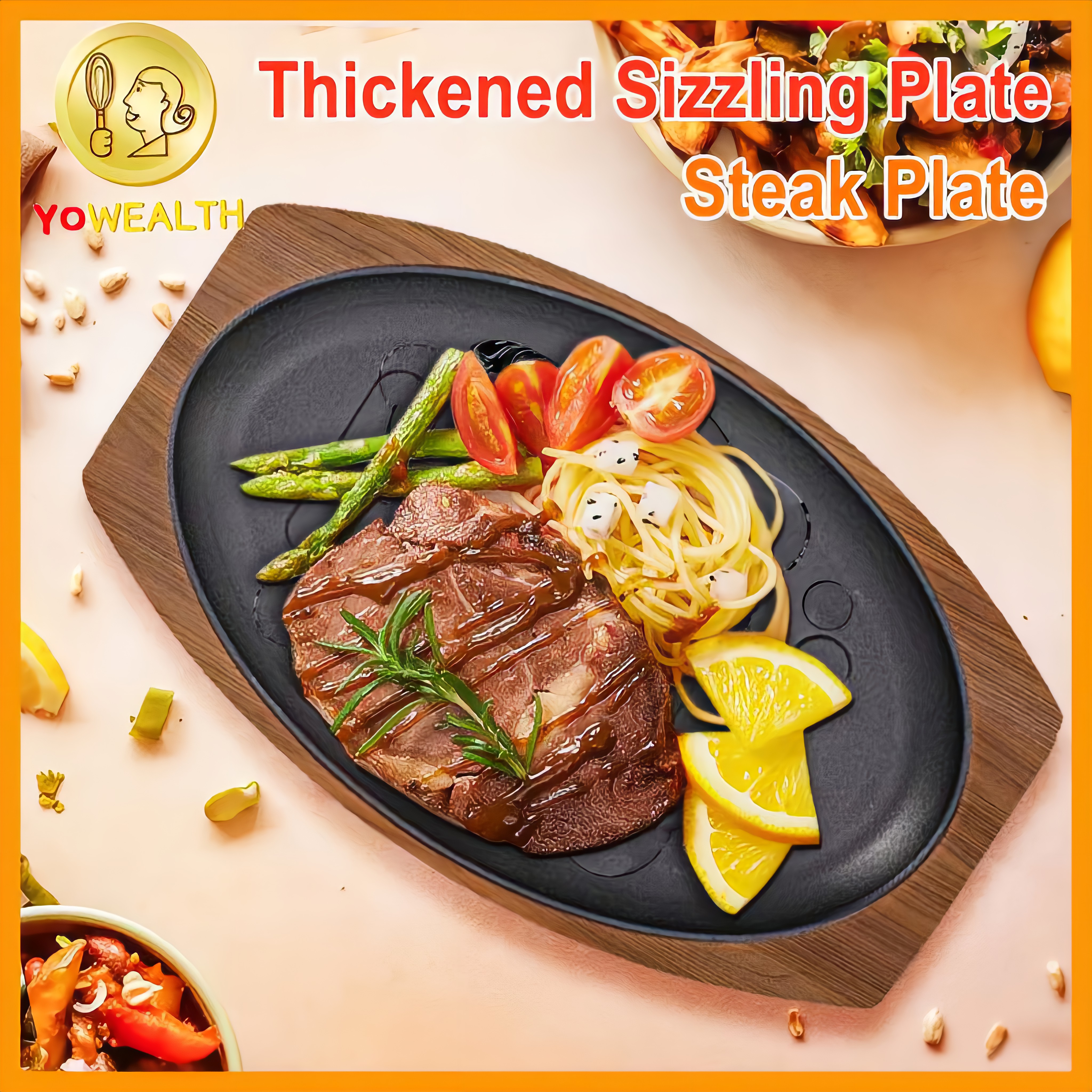 Cast Iron Steak Plate Sizzling with Wooden Base Grilling Pan for Household  Home Use Kitchen - AliExpress