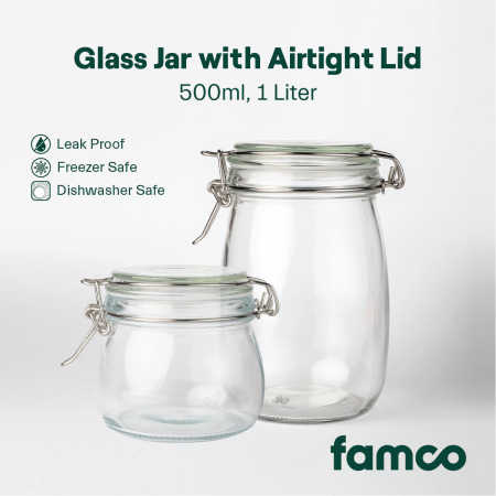 Famco Glass Jar with Airtight Lid, 500ml - 1000ml