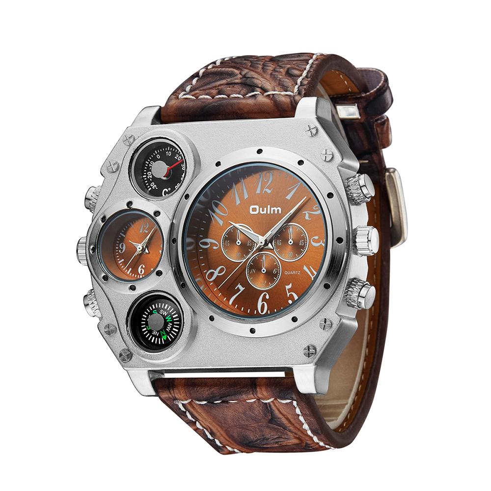Oulm Men Fashion Quartz Pu Leather Band Wrist Watch Personalized Oversized Case Thermometer Compass Dual Quartz Movements Watches Lazada Singapore
