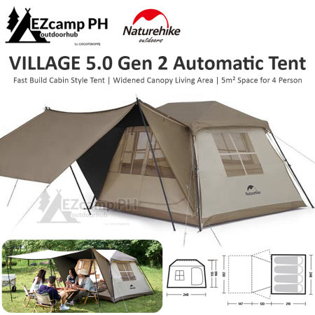 Naturehike Village Series 5.0 Gen 2 Fast Build Automatic Cabin Style Tent 5m² Space for 4 Person Waterproof Quick Open Glamping Camping Large Canopy Area New Ti Black Sunscreen Coating Nature Hike 5 Ridge Roof Village5