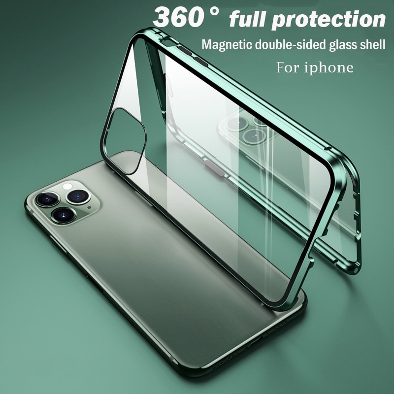 360 Full Protection Metal Magnetic Adsorption Case For iphone 13 12 11 14 Pro XS Max Double Sided Glass Case For 8 7 6 Plus X XR