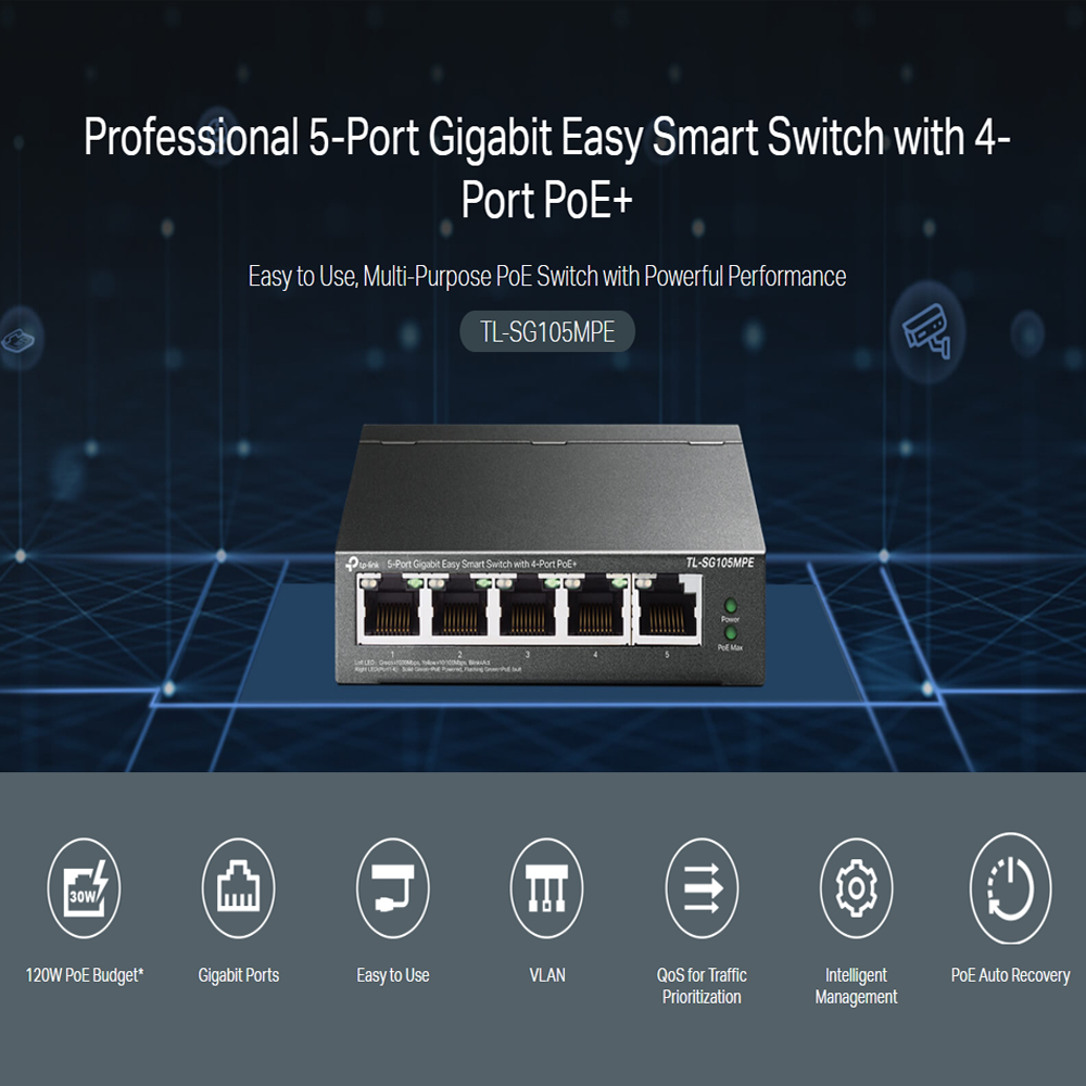 TP-Link 5 Port Gigabit Easy SMART 120W / 65W PoE+ Desktop