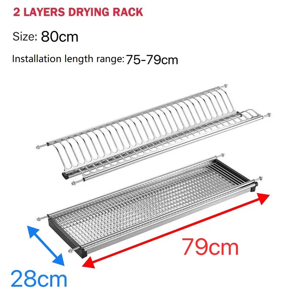 80cm Stainless Steel 2 Layer Wall Hanging Dish Rack 2 Tier Cabinet Dish  Drying Rack 304 Stainless Steel Dish Slots Kitchen Plate Bowl Utensils Cups Draining  Rack