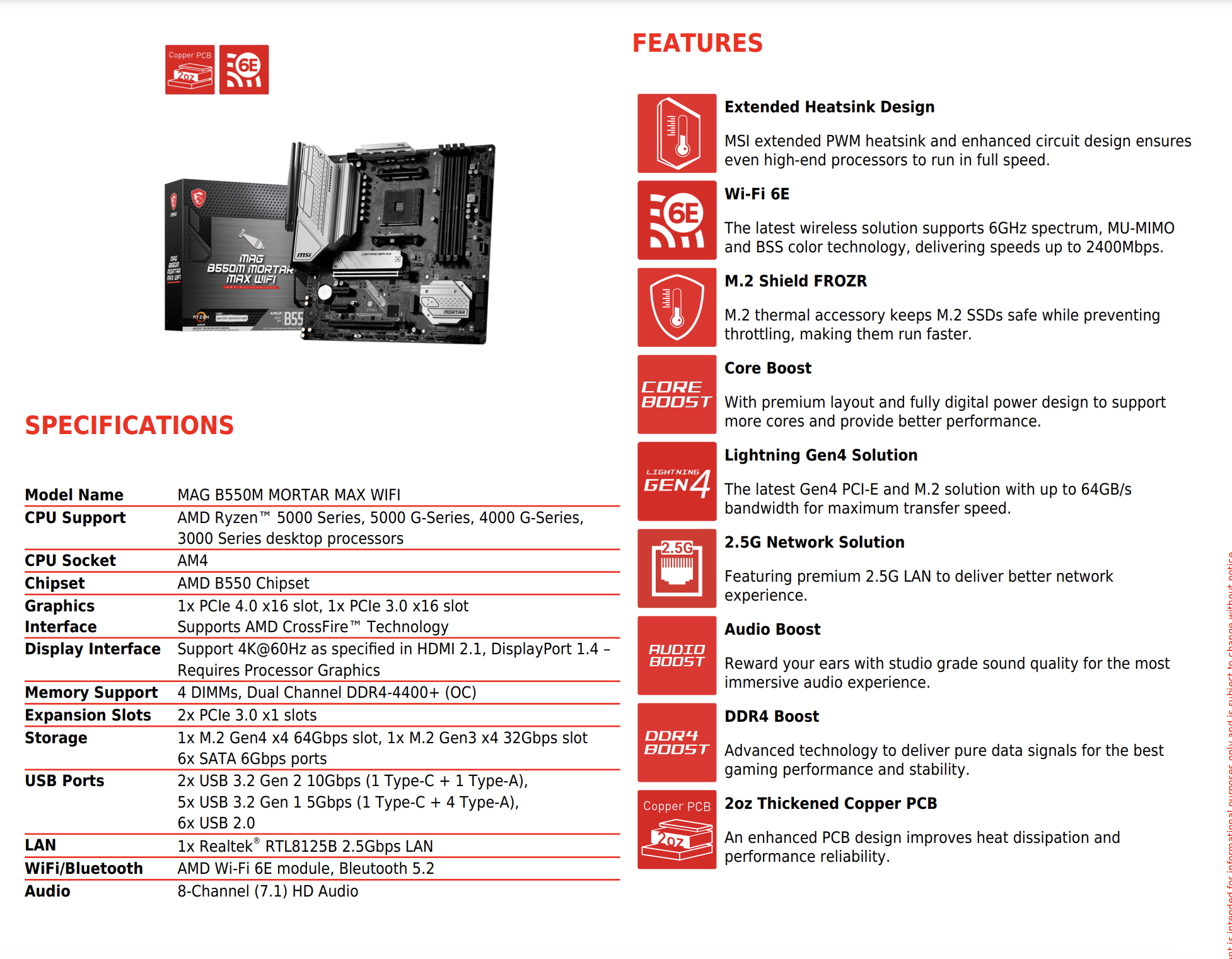 MSI MAG B550M MORTAR MAX WIFI Micro ATX Motherboard, MSI AM4 AMD  Motherboard, AMD B550 SATA 6Gb/s PCIe 4.0 DDR4 Wi-Fi 6E, Micro ATX AMD  Motherboard 