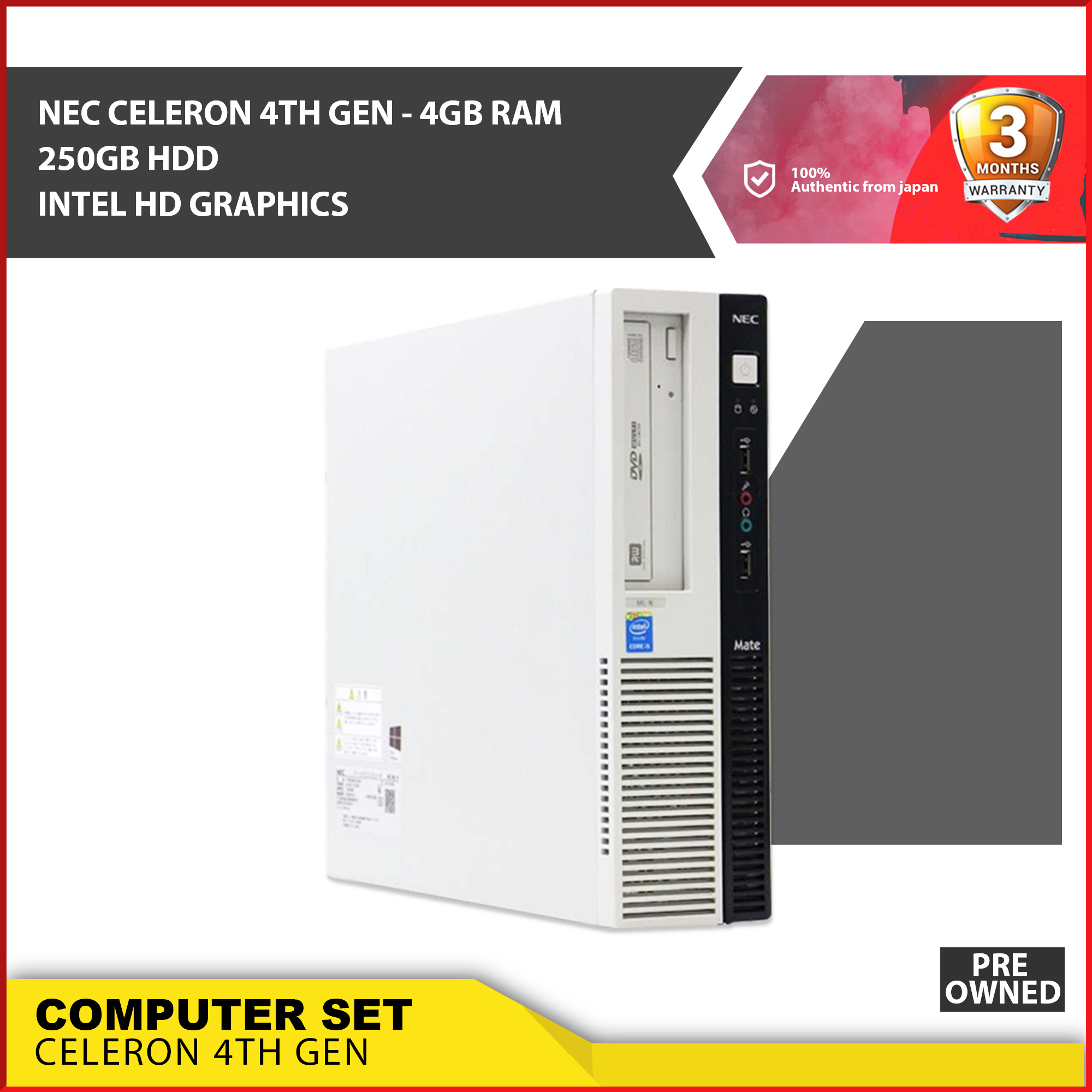 Cpu Set / Nec Mate And Fujitsu Brand / Intel Celeron 4TH Gen / 4GB Ram / 250GB Hdd / Intel HD Graphics / Wifi And Windows Ready / Good For Online And Work