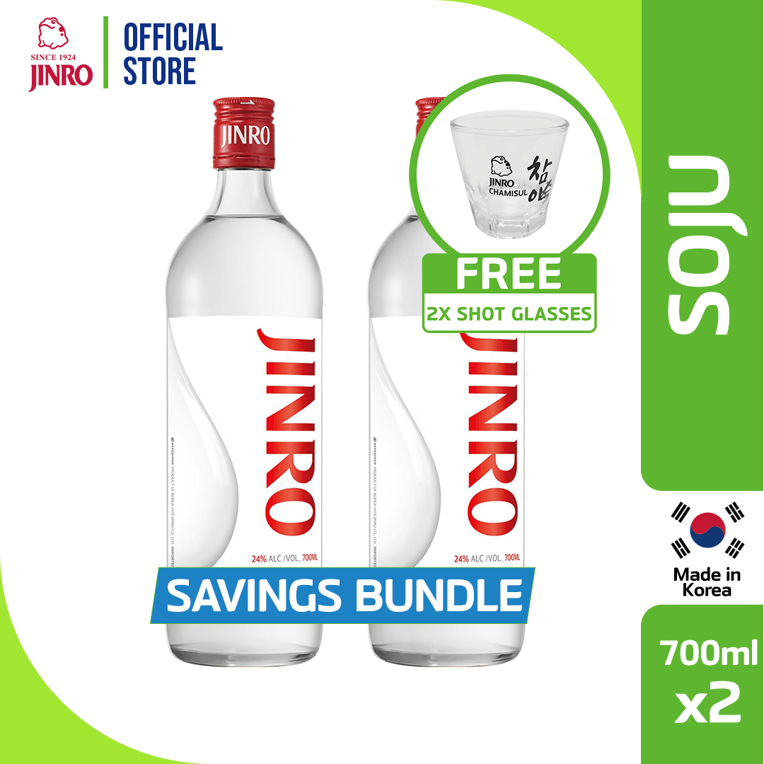 Jinro 24 Soju 700ml pack of 2 FREE 2 Shot Glasses