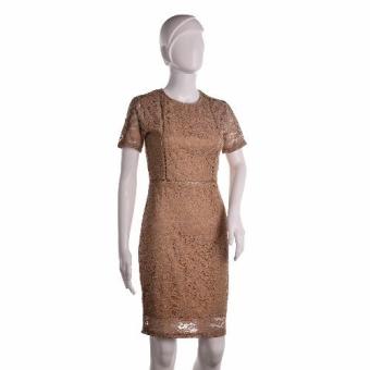 #128 Lace Overlay Short Sleeved Pencil Cut Korean Dress (Tan) April 2018 - 2 #128 Lace Overlay Short Sleeved Pencil Cut Korean Dress (Tan) - 2