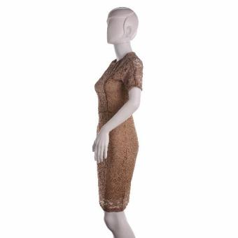 #128 Lace Overlay Short Sleeved Pencil Cut Korean Dress (Tan) April 2018 - 3 #128 Lace Overlay Short Sleeved Pencil Cut Korean Dress (Tan) - 3