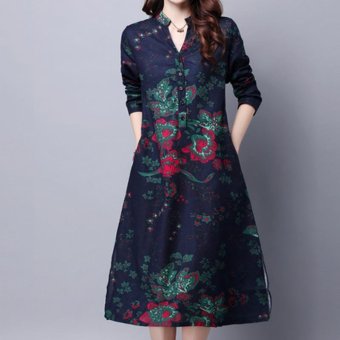 Amart Retro Women Loose Cotton Dresses Long Sleeve Flower Printed Dress Ethnic Dresses - Intl July 2018 - 3 Amart Retro Women Loose Cotton Dresses Long Sleeve Flower Printed Dress Ethnic Dresses - intl - 3
