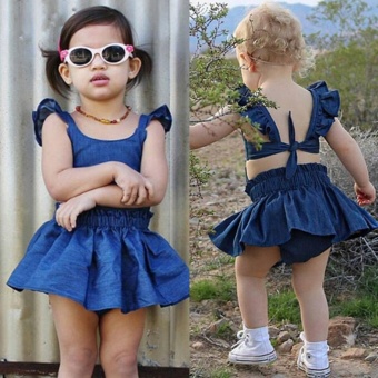 Cute Baby Girls Kid Toddler Summer Ruffle Denim Jeans Tutu OutfitShort Dress - Intl June 2018 - 2 Cute Baby Girls Kid Toddler Summer Ruffle Denim Jeans Tutu OutfitShort Dress - intl - 2
